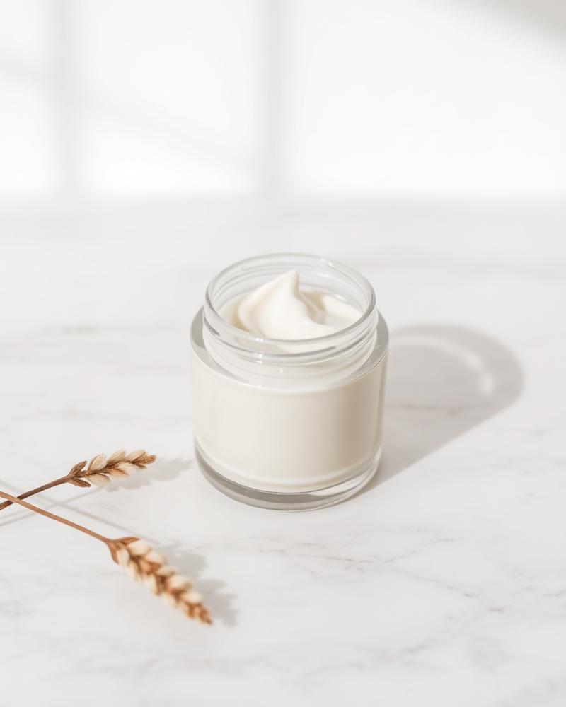 A gentle clay mask in a small porcelain bowl on a clean white surface, ready for application.