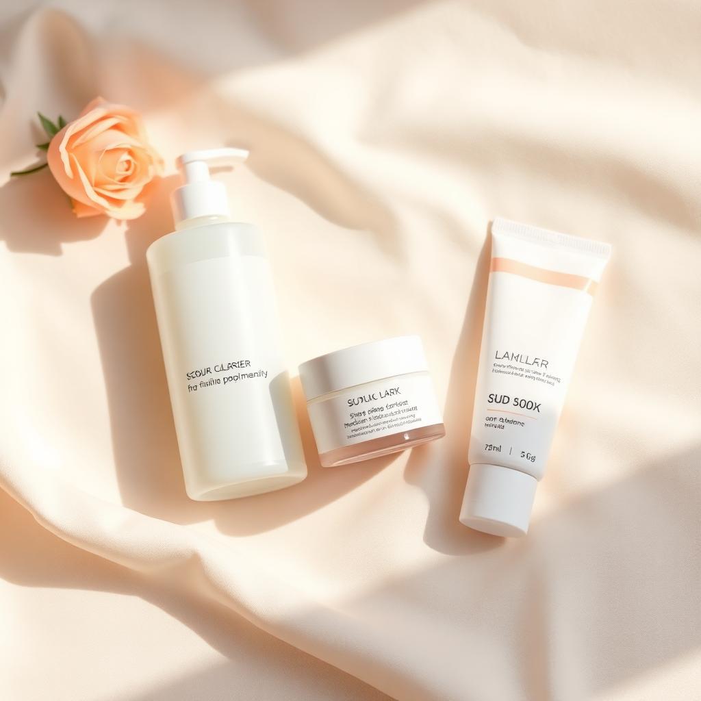 A minimal cleanser, moisturizer, and sunscreen arranged on soft cream linen in warm morning light.