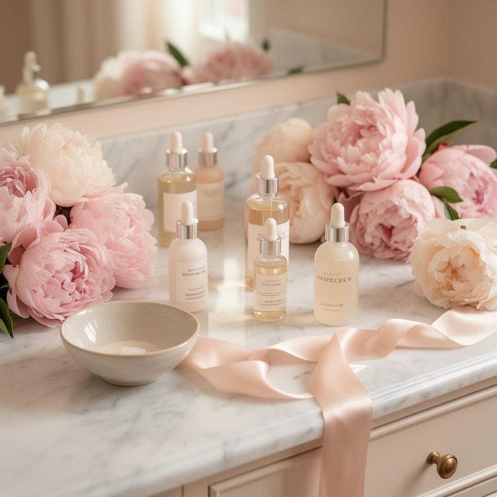A soft editorial skincare flatlay with peonies, glass serum bottles, and a silk ribbon on a marble vanity in warm morning light.