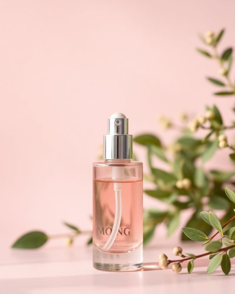 A glass serum bottle on soft sage linen in warm morning light, symbolizing mature skincare rituals.