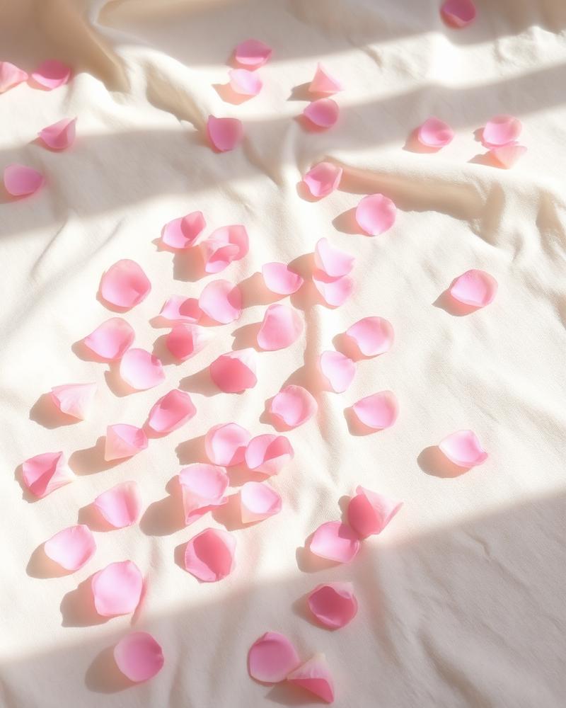 Pale rose petals scattered across a soothing lavender surface in soft, diffused light.